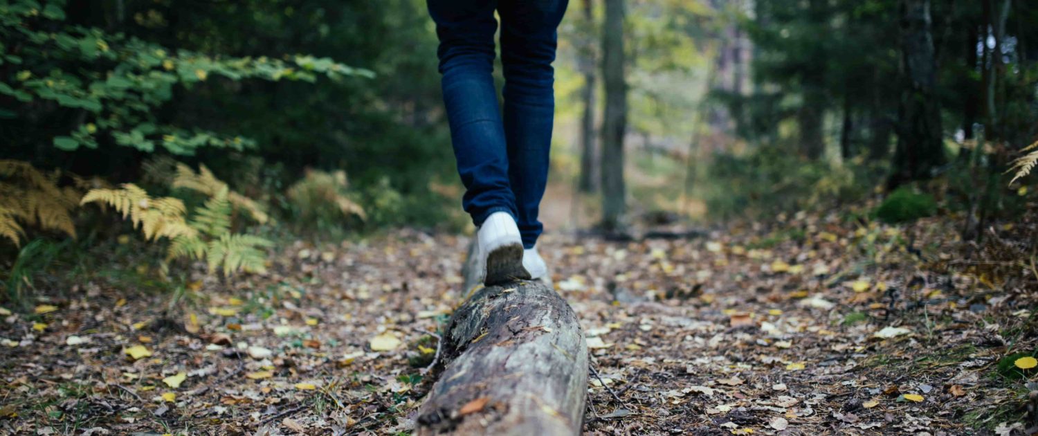Person som balanserar på en stock i skogen symbol för balans mellan stress och återhämtning 500 kb